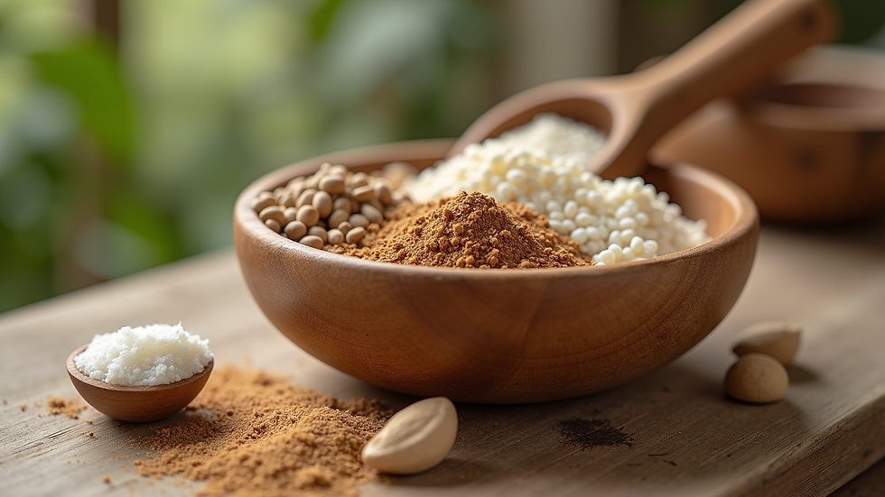 Eye-level view of a wooden bowl filled with natural hair care ingredients