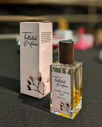 Vanilla Cassia Oud Room Scent bottle and box display with Tallulah O'Hara logo