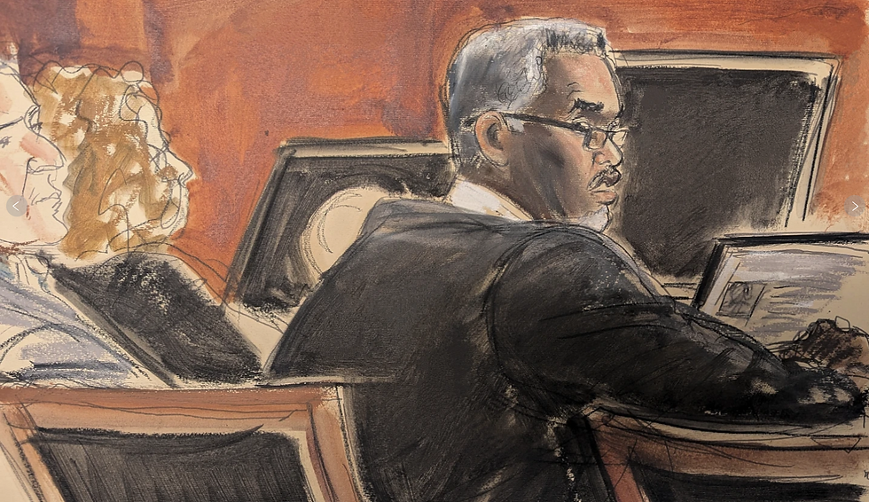 Courtroom sketch shows two people focused on screens, with a serious atmosphere. Sepia tones dominate the scene.