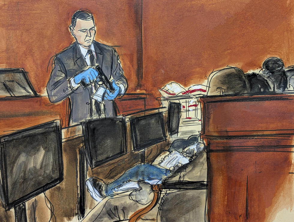 Courtroom sketch of a person in a suit with blue gloves handling a gun. Monitors and seated figures are visible in the background.