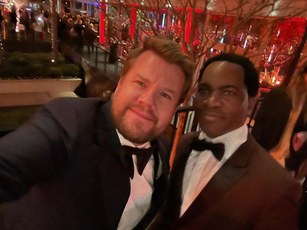 Aaron Bing and James Corden snap a selfie together at the Vanity Fair Oscar Party in Beverly Hills