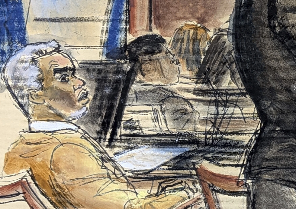 Courtroom sketch of Sean Combs seated at a table, looking serious. Other figures are drawn in the background.