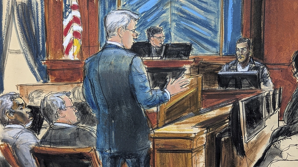 Courtroom sketch with a lawyer speaking to a judge. U.S. flag and blue drapes in background. Serious mood, various seated individuals.