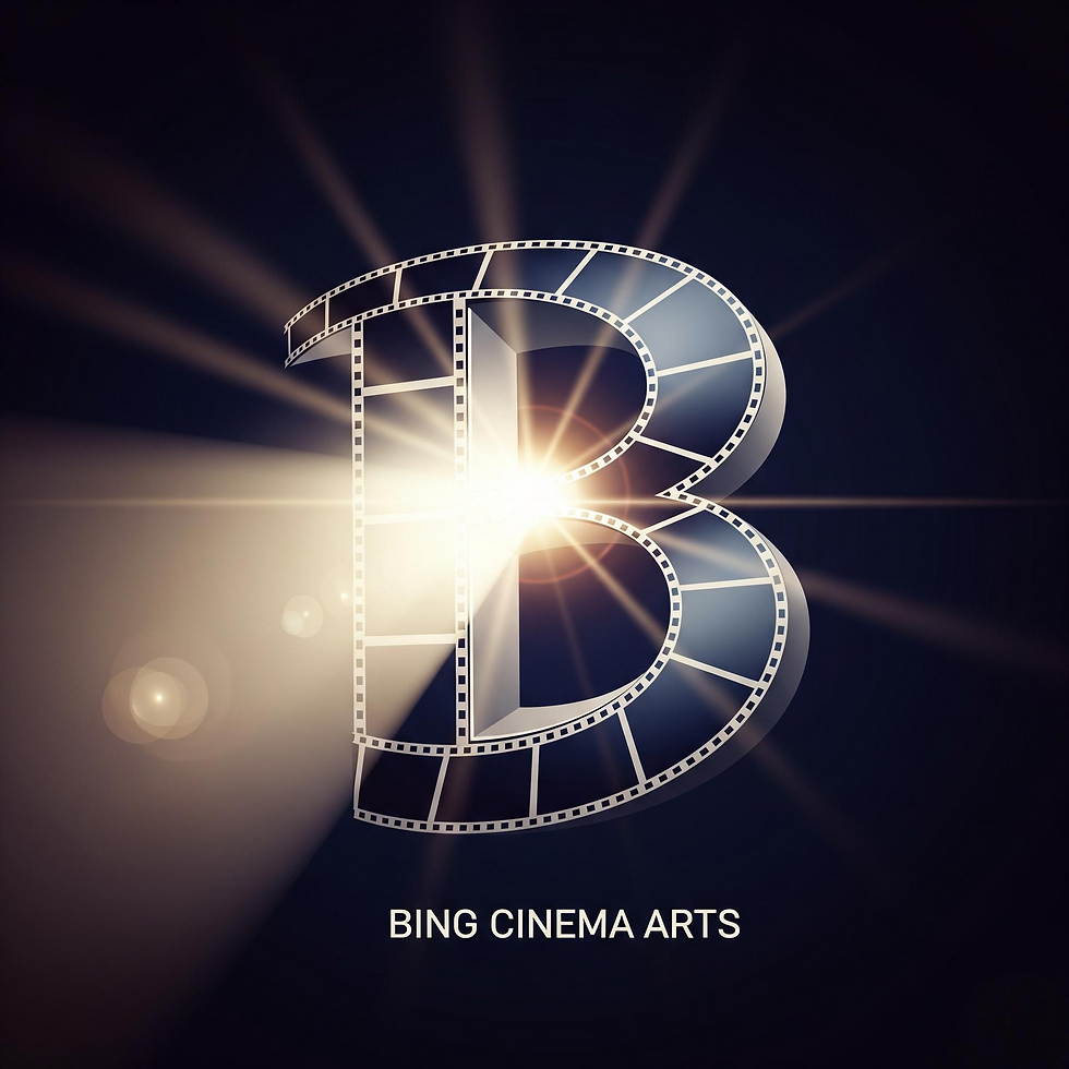 Film reel forming the letter B with bright light and rays. Text: BING CINEMA ARTS. Dark background adds a dramatic effect.