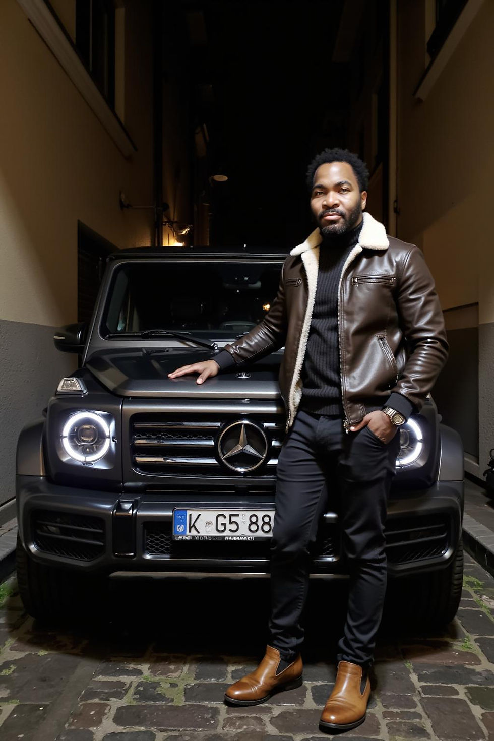 Aaron Bing in brown leather jacket leans on a black Mercedes G Wagon. Cobblestone street, casually confident mood,