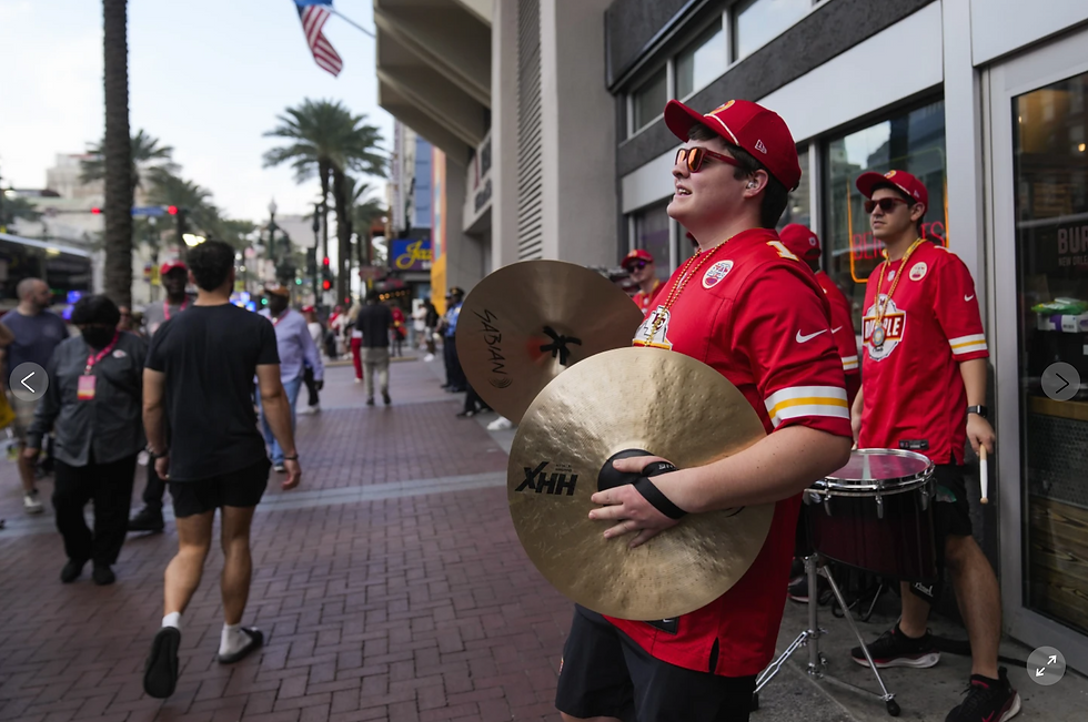 Musicians take the stage in the French Quarter on Friday, Feb. 7, 2025, ahead of Super Bowl 59 featuring the Philadelphia Eagles and the Kansas City Chiefs in New Orleans. (AP Photo//03387241Name/)