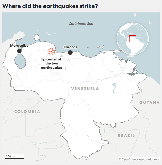 Map of Venezuela and Caribbean coast showing two earthquake epicenters near Maracaibo and Caracas, with inset locating the region.