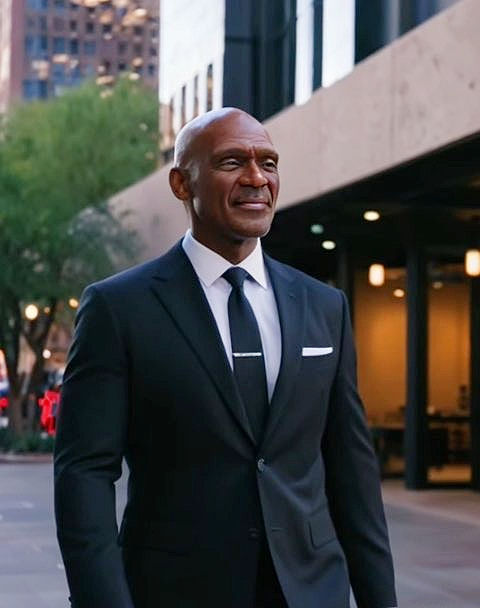 Man in a suit walking confidently on a city street, with blurred buildings and greenery in the background, exuding a professional vibe.