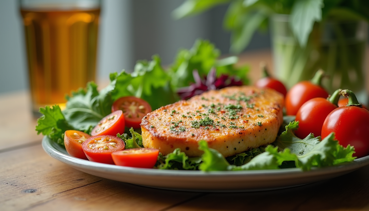 Eye-level view of a balanced meal with fresh vegetables and lean protein on a wooden table