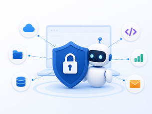 A modern illustration of an AI agent represented by a robot standing beside a security shield with a padlock, connected to enterprise systems including cloud services, databases, files, analytics, and communications.