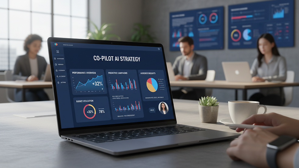 Eye-level view of a laptop screen showing AI marketing analytics dashboard