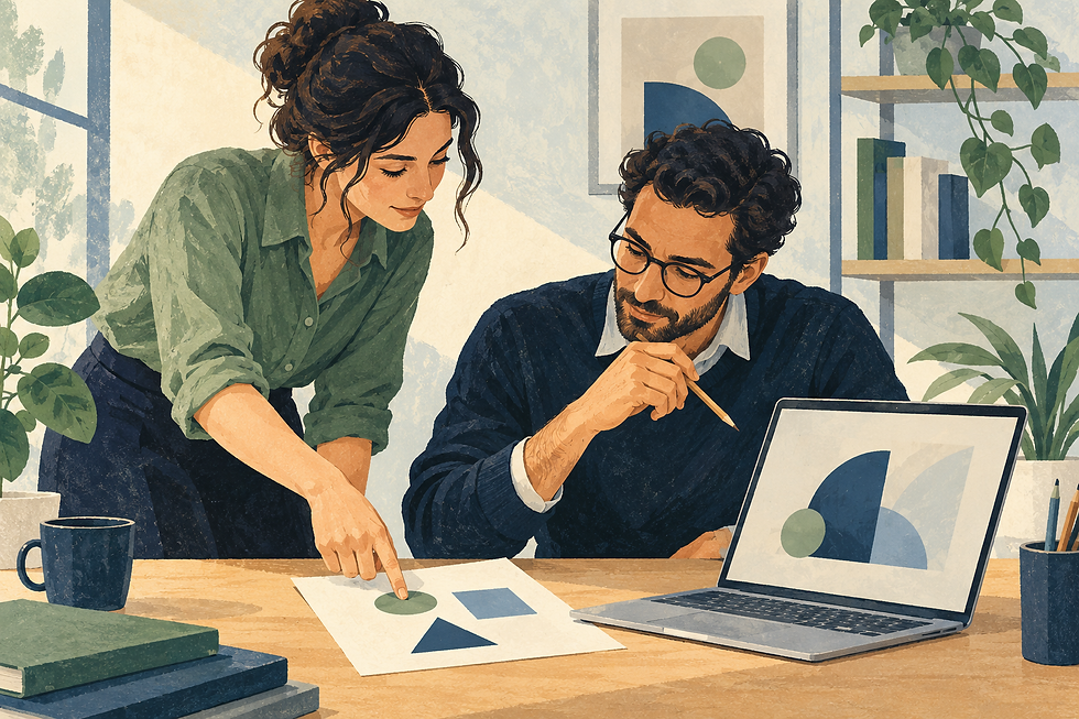 Original illustration: two colleagues discuss a simple diagram and a laptop in a quiet office.