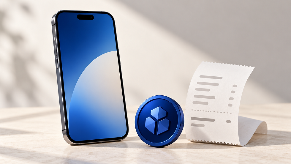 Smartphone beside a blue token and receipt, symbolising app use, token rewards and transaction costs.
