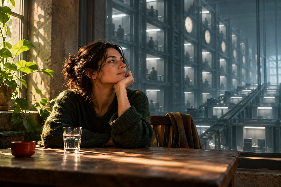 Woman resting at a sunlit table beside green plants, contrasted with a vast blue-gray industrial office filled with clocks and workers.