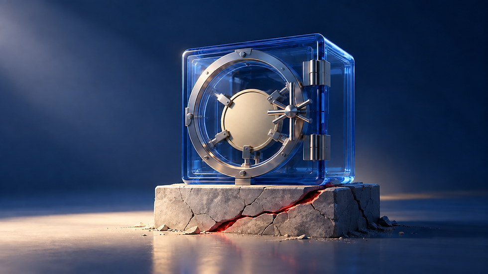 A translucent blue vault holds a plain digital token above a cracked base, symbolising custody and collateral risk.