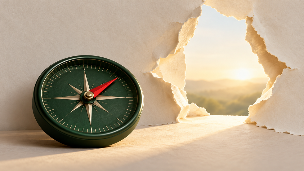A green compass with a red needle points towards an opening, illustrating clarity and reader agency.