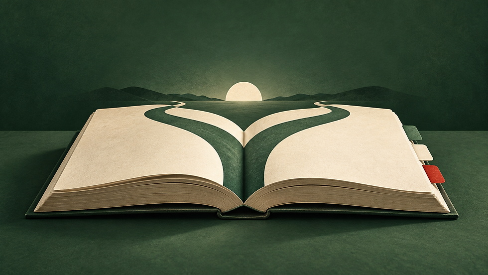 An open book becomes two branching green paths, illustrating the choice of a decision guide.