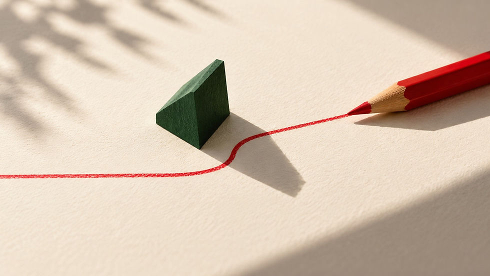 A red pencil draws a path around a green obstacle on ivory paper, illustrating a deliberate change of marketing direction.
