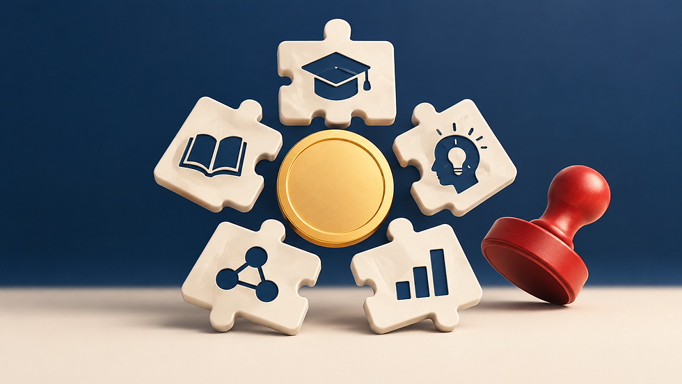 Five educational puzzle tiles surround a plain digital token beside a red judging stamp, illustrating educational crypto contests.
