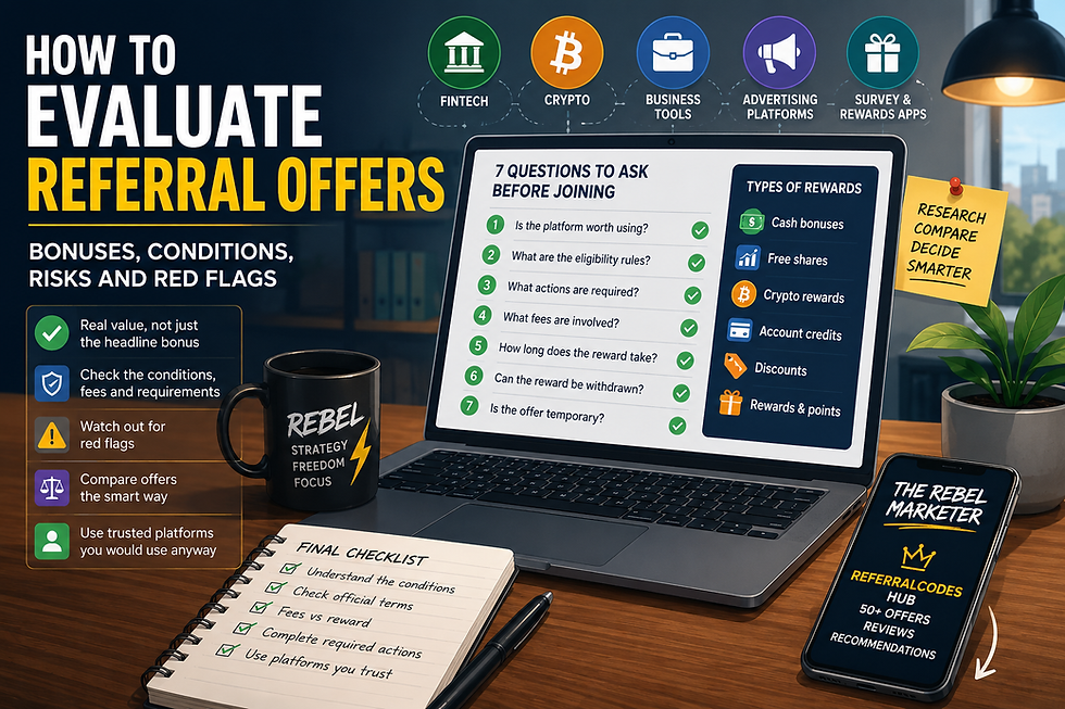 Modern workspace illustration showing a laptop with a referral offer evaluation checklist, icons representing fintech, crypto, business tools, advertising platforms and survey apps, plus a smartphone displaying The Rebel Marketer ReferralCodes hub. The image highlights how to compare referral bonuses, conditions, risks and red flags before joining any platform.