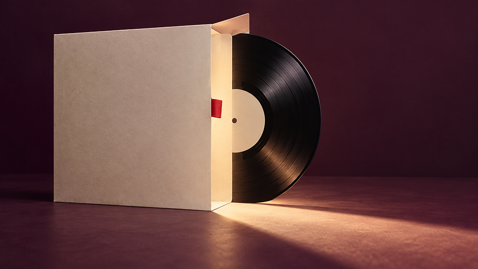 A vinyl record emerges from a plain sleeve with a red release tab, illustrating music rights and an exit route.
