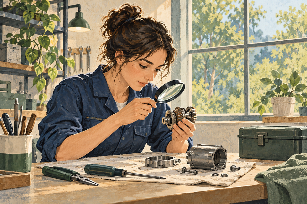 Original illustration: a technician examines a dismantled component at an unpowered workbench.