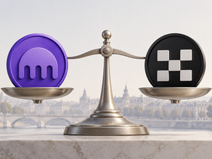 Violet and black tokens balanced on a scale against a European city backdrop, illustrating a platform comparison.