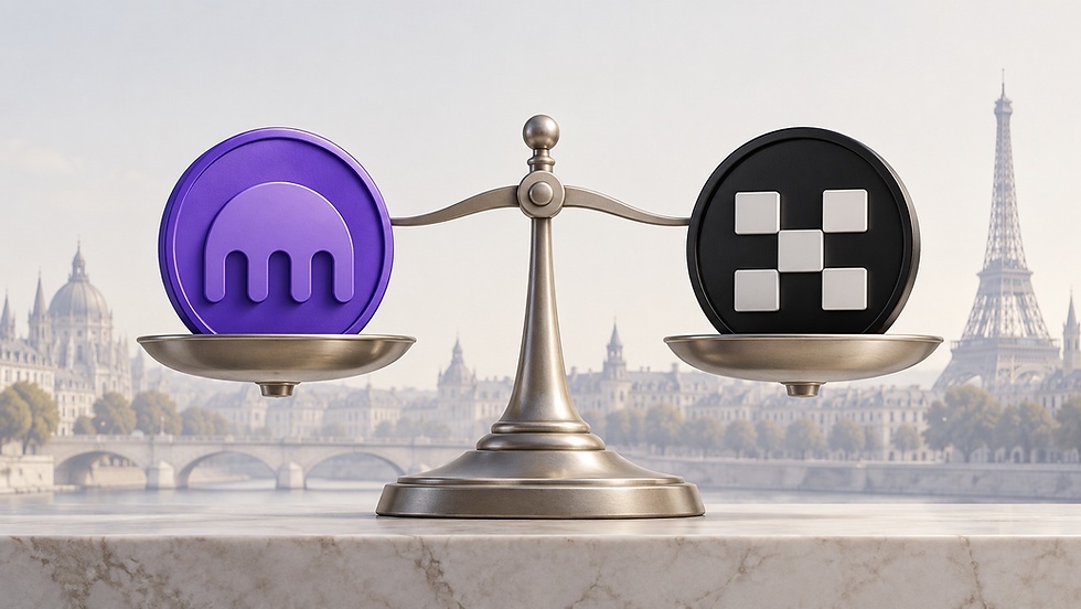 Violet and black tokens balanced on a scale against a European city backdrop, illustrating a platform comparison.