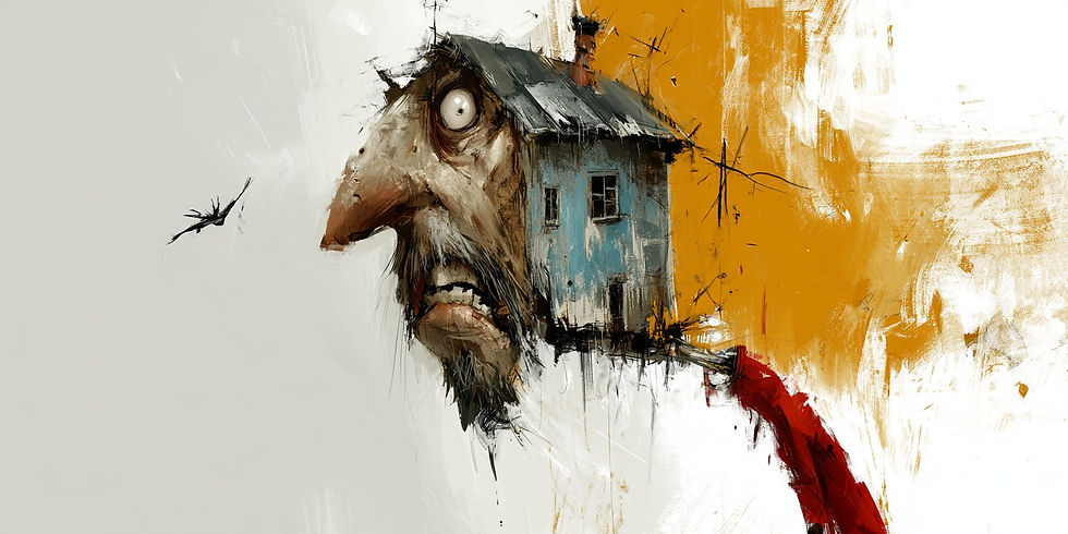 Surreal painting of a man's face merged with a blue house, with an orange background and a red scarf-like stroke.