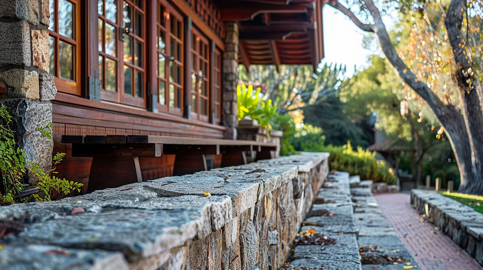 simulated photo of closeup of a stone planter wall in foreground, stained wood frames of windows of a heritage Craftsman house with wood overhang