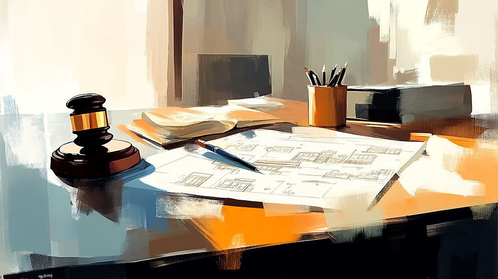 simulated digital painting broad stroke style, blueprints, pens, gavel, book on desk, sunlight in office