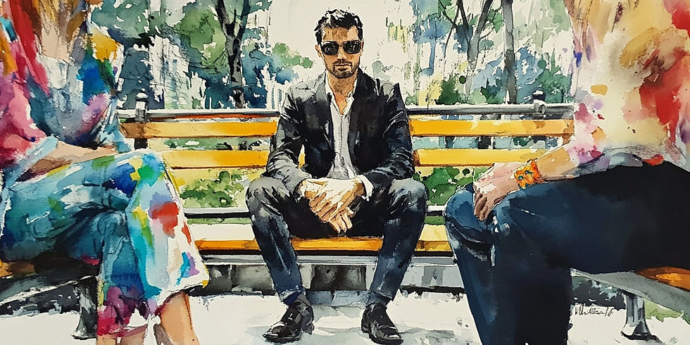 AI-generated watercolor painting of a man in dark jeans, black blazer, white shirt, dress shoes on a park bench viewed between two other people wearing colourful clothing, summer park scene in the background
