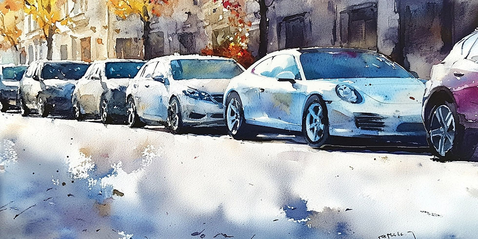AI-generated watercolor painting of a line of cars parked along the street, including a white Porsche