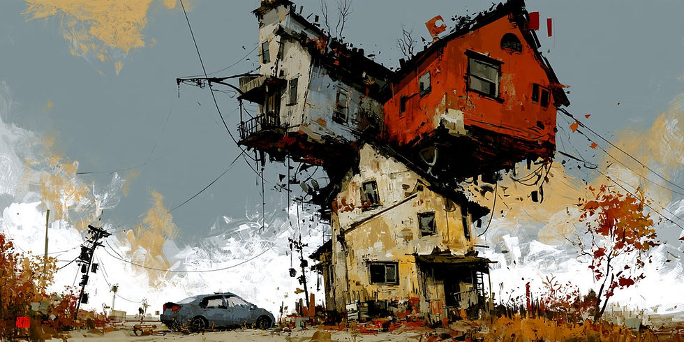Surreal painting of stacked houses in a gray sky above a parked car, with autumn trees and sagging power lines.