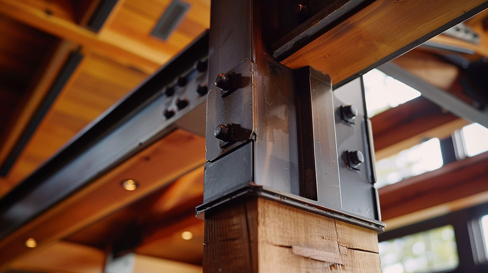 simulated photo of closeup of a structural connection detail wood post to wood beam, wood roof structure above