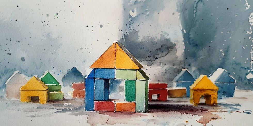 AI-generated watercolor painting of colourful wooden toy blocks arranged for form houses