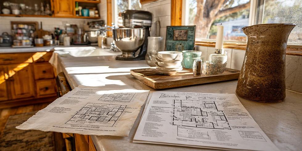 Sunlit kitchen with wooden cabinets, a mixer, plan papers on the counter, stacked bowls, and a candle on a tray. Relaxed, cozy mood.