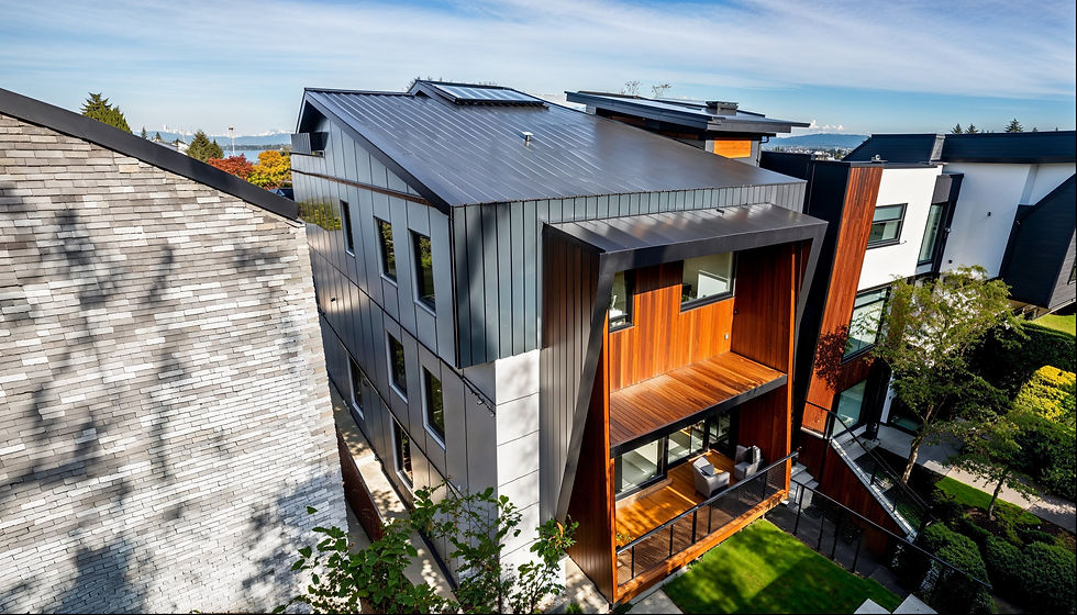 simulated photo rendering, modern design, windows, dark zinc standing seam, light grey panels, mahogany planks, dark grey trim, glass railing, trees and bushes, shrubs, grass, Kitsilano suburban, hedge, metal fence, late morning