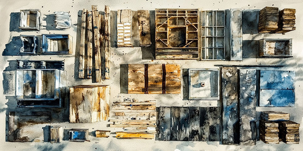 AI-generated watercolor painting of a knolling of a construction site on which all building materials are arranged in rectilinear piles