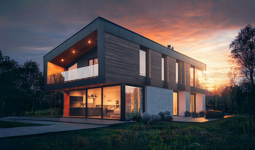 simulated photograph of a modern house against a cloudy sunset, wood and dark grey metal and stone siding, warm lights from interior