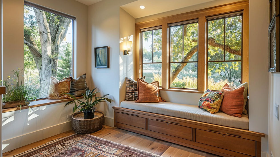 simulated photo of a window nook, interior view of an American Craftsman house, trees outside