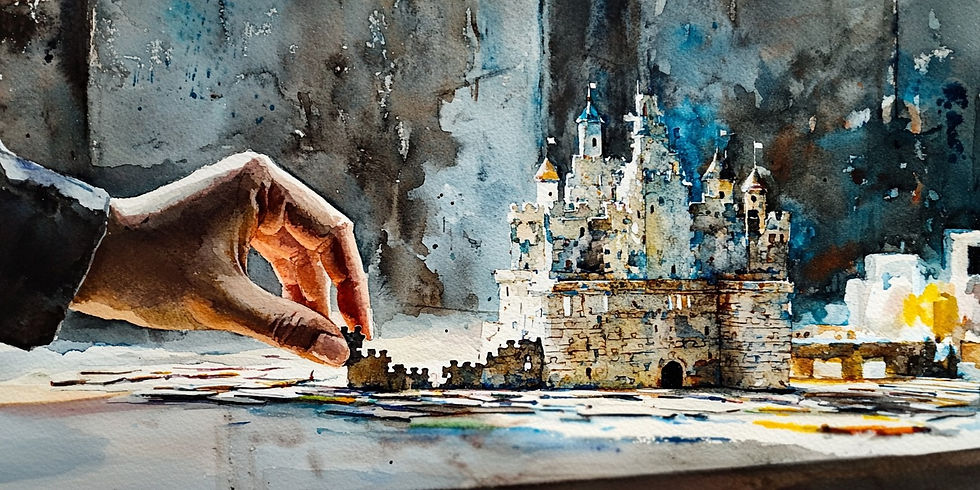 AI-generated watercolor painting of a hand placing a piece of a castle 3D puzzle