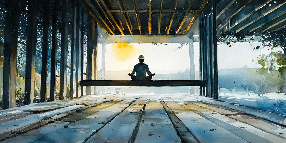 AI-generated watercolor painting of a construction worker sitting in a lotus pose on a beam in a house construction site