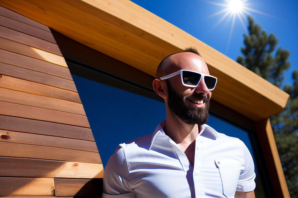 simulated photograph of a white male approximately 40 years old, in a white shirt and white-framed trendy sunglasses, smiling, posed against a modern building with wood siding, in bright sunlight