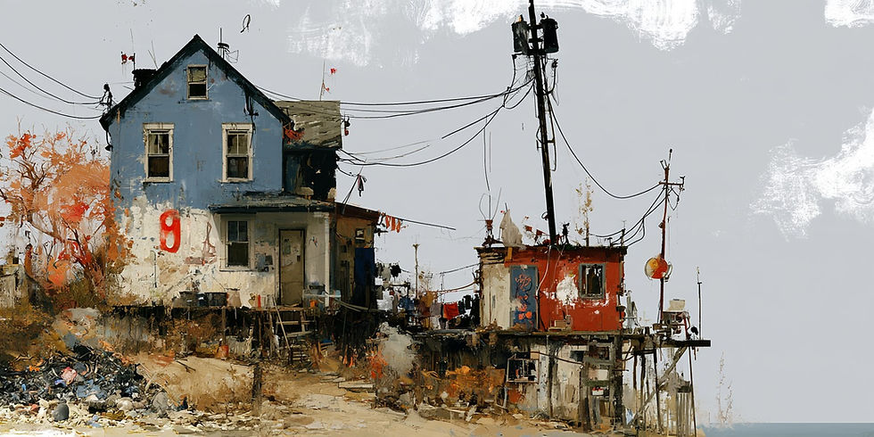 Painted coastal shanties on stilts with tangled power lines, a blue house marked 9 and a red shack against a gray sea and sky.