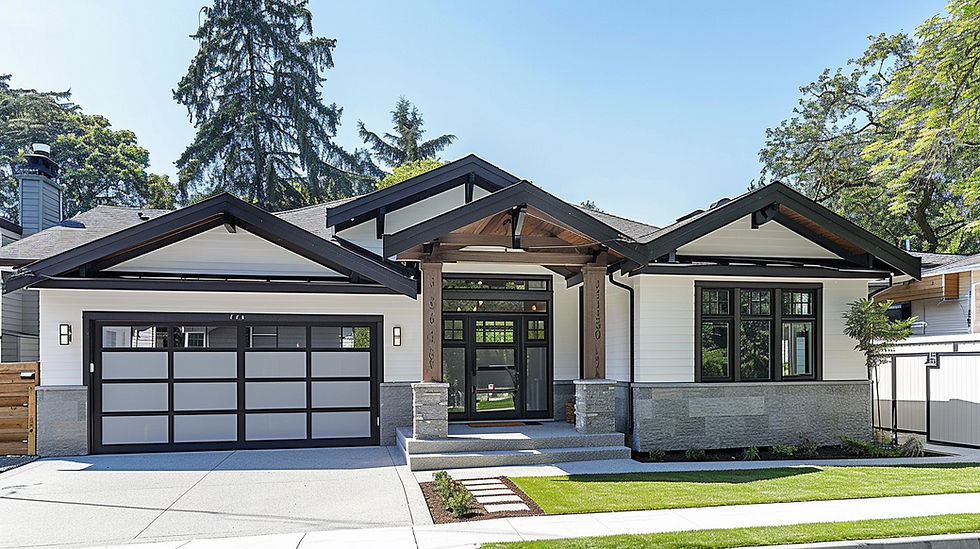 simulated photo of a contemporary American Craftsman house, summer, sunny, suburb, white with black trim