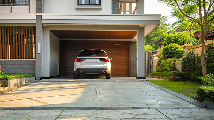 simulated photo of a white mid-size car in a covered parking space at the front of a residential building, driveway