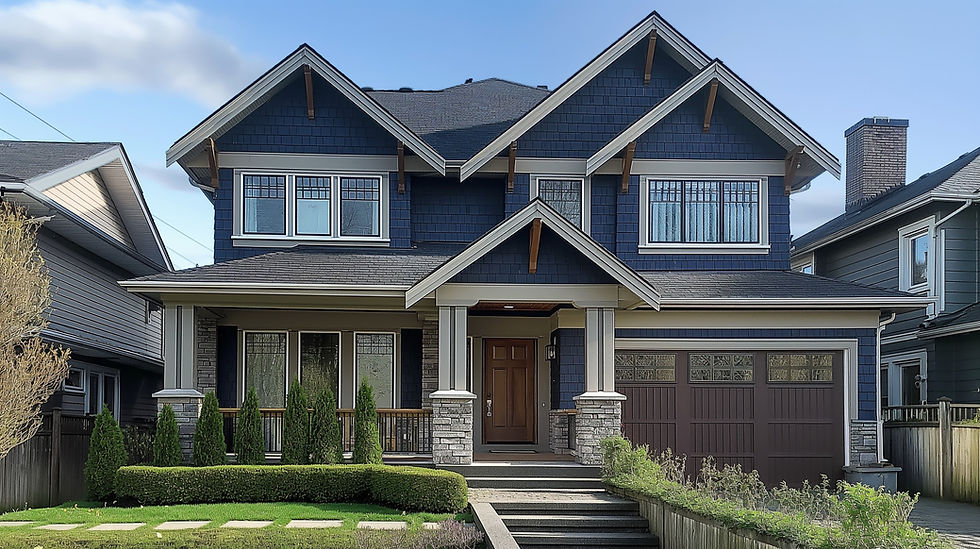 simulated photo of American Craftsman style house, white trim, blue siding, suburb, sunny, Spring
