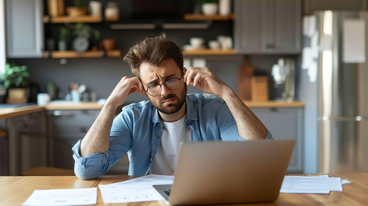 simulated photo of a frustrated man in the kitchen reviewing an invoice on his laptop, sidelighting
