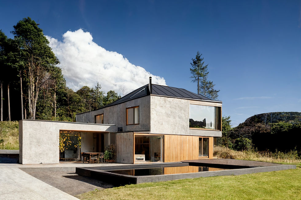 simulated photograph of a modest yet modern house in the countryside near a forest, in summer, white cloud and blue sky